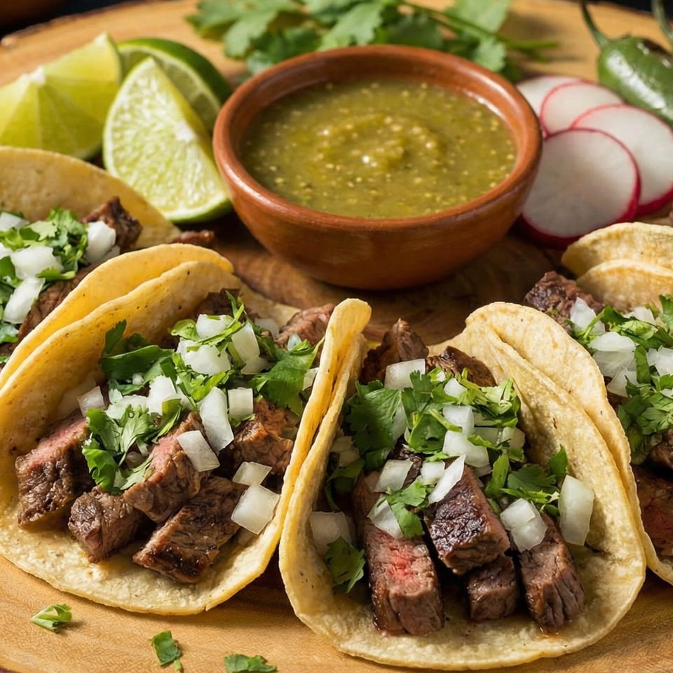 Three carne asada street tacos with cilantro and onions, salsa verde, limes, and radishes.