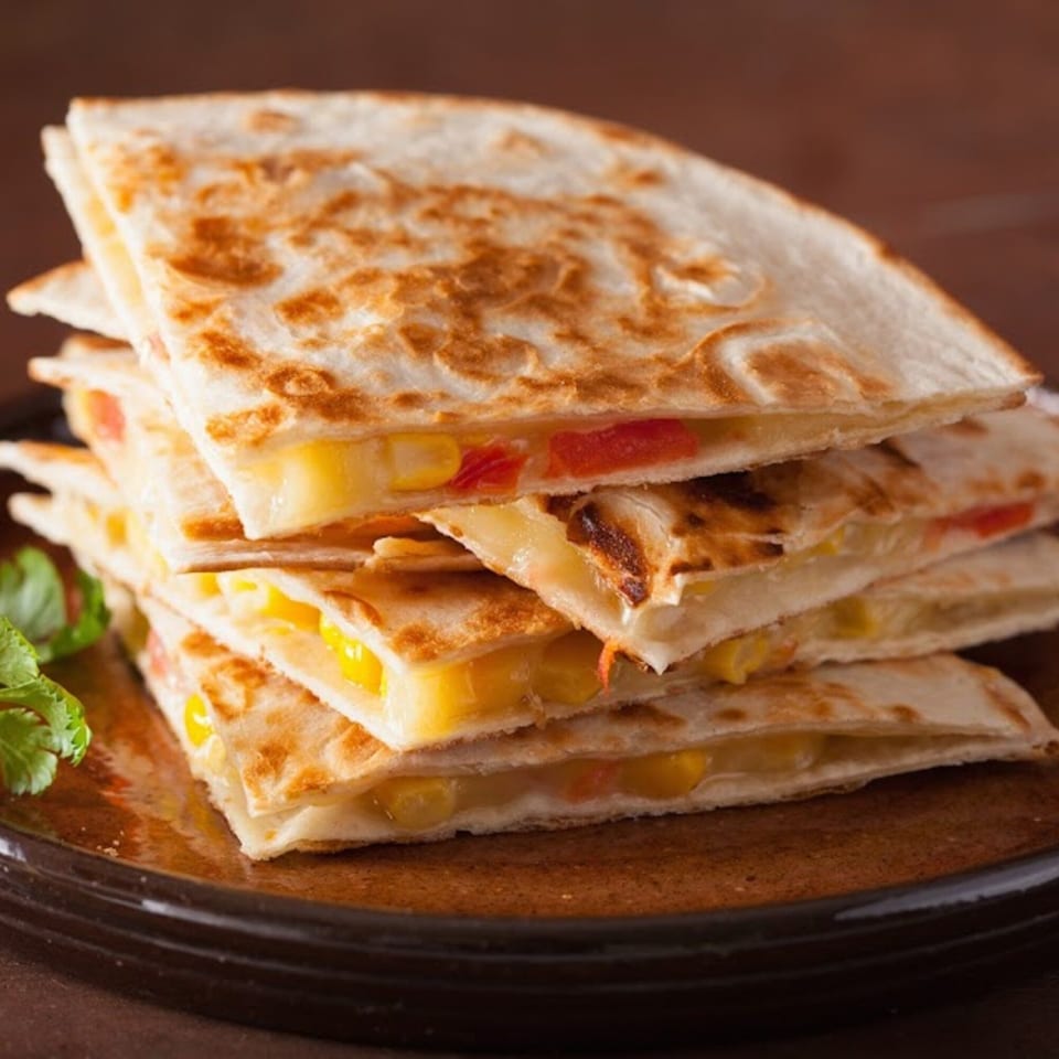 Stack of golden-brown quesadilla wedges filled with melted cheese, corn, and red peppers, garnished with cilantro.