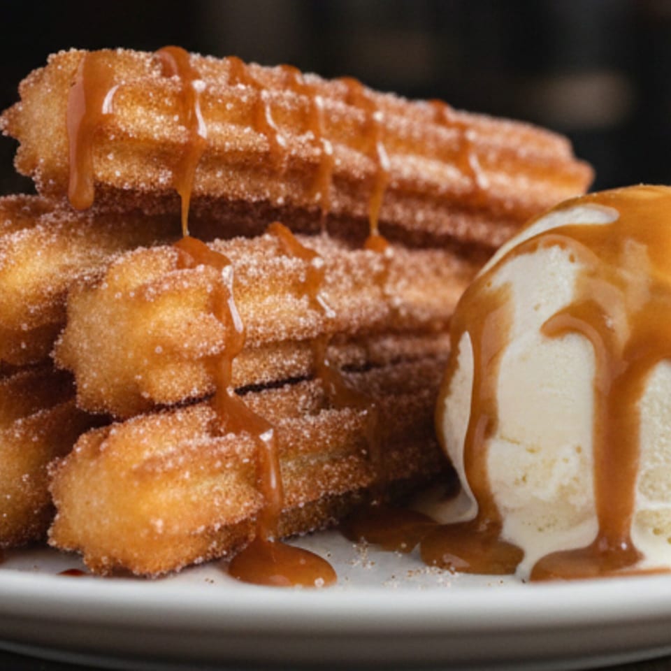 Churros with caramel drizzle and a scoop of vanilla ice cream on a white plate.