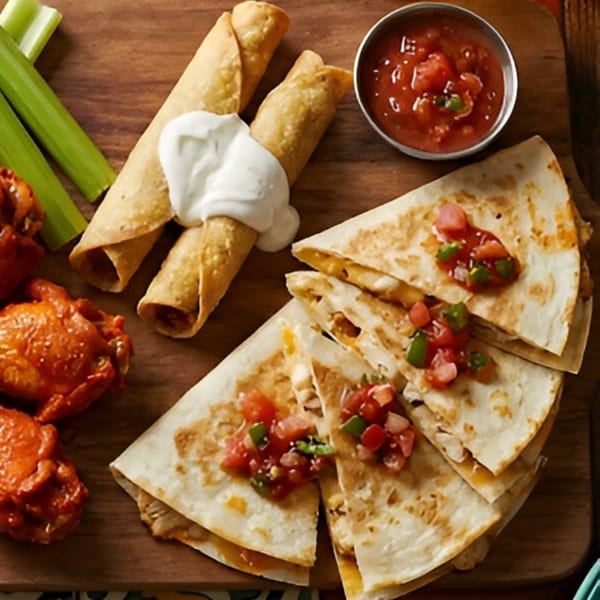 Mexican appetizer platter with taquitos, quesadillas, chicken wings, celery, and salsa on a wooden board.
