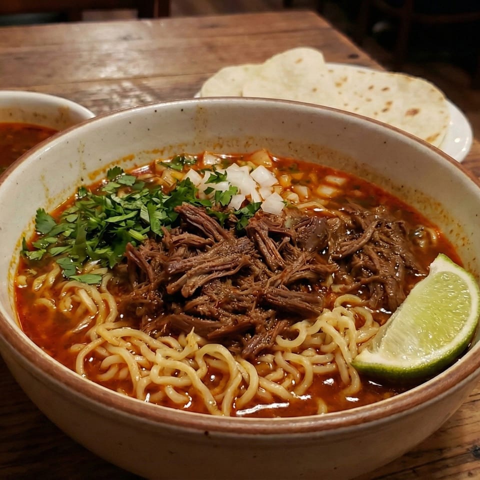 Birria ramen with shredded beef, cilantro, onions, and a lime wedge, with tortillas in the background.