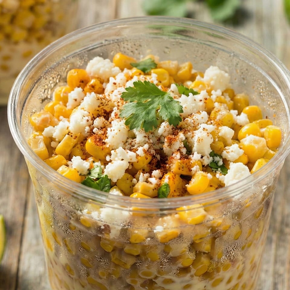 Mexican street corn (Esquites) in a clear cup, topped with cheese, chili powder, and cilantro.