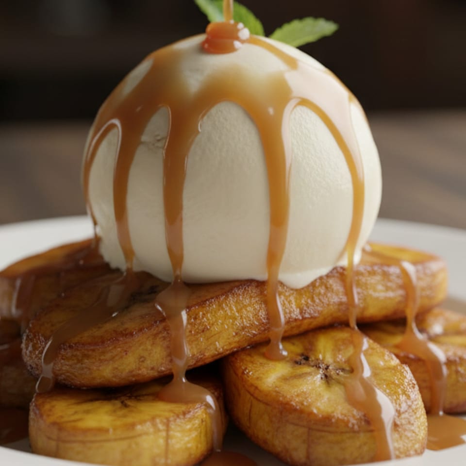 Fried plantains topped with a scoop of vanilla ice cream and drizzled with caramel sauce.