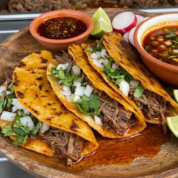 Four birria tacos with cilantro, onions, lime, radishes, and two bowls of dipping sauce.