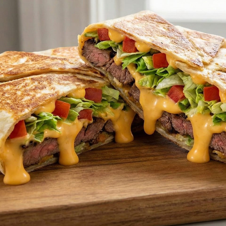 Two halves of a quesadilla filled with steak, lettuce, tomatoes, and dripping cheese sauce on a wooden board.