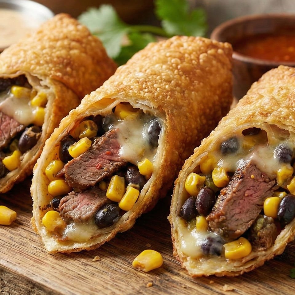Three crispy Mexican egg rolls filled with steak, black beans, corn, and melted cheese on a wooden board.