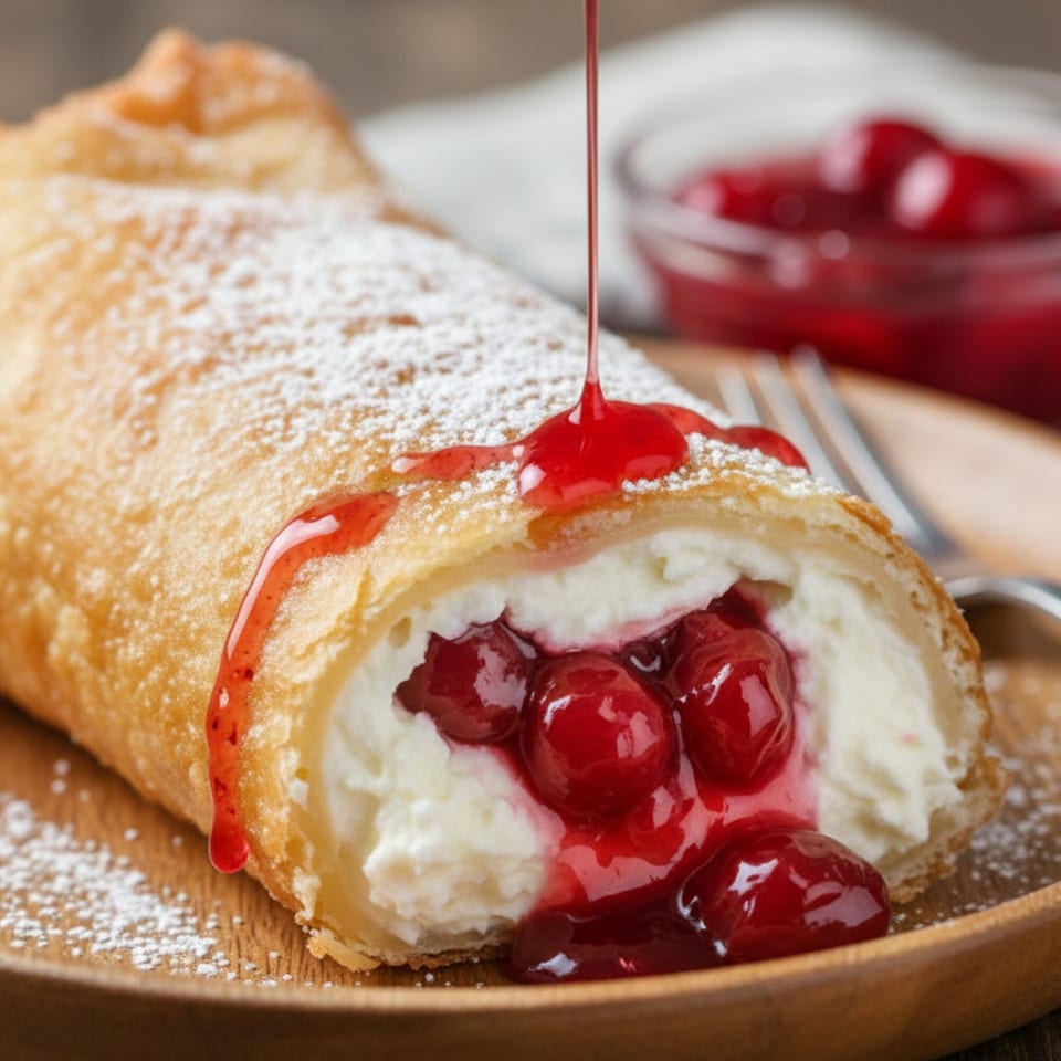 A golden-fried dessert chimichanga filled with cream cheese and cherries, drizzled with cherry sauce.