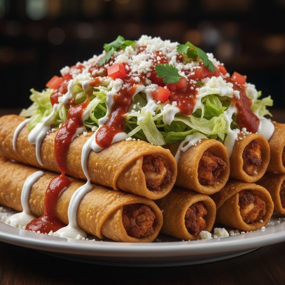 Crispy taquitos from San Francisco Tacos & More, topped with lettuce, salsa, sour cream, and cheese.